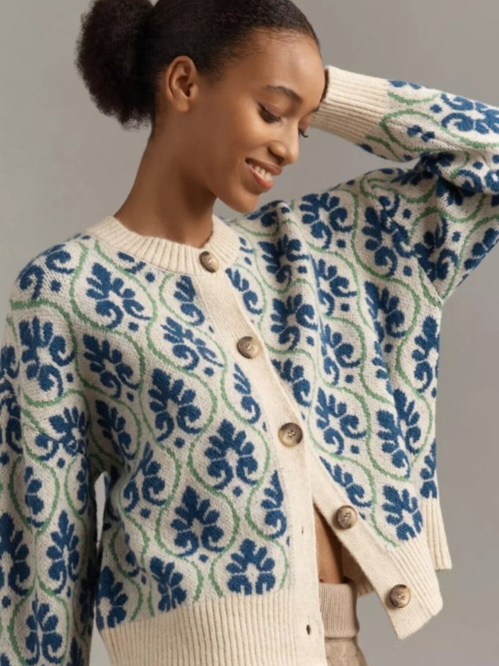 Maeve Anthropologie Pop Floral Cardigan Blue Ivory Knit Sweater XXSP